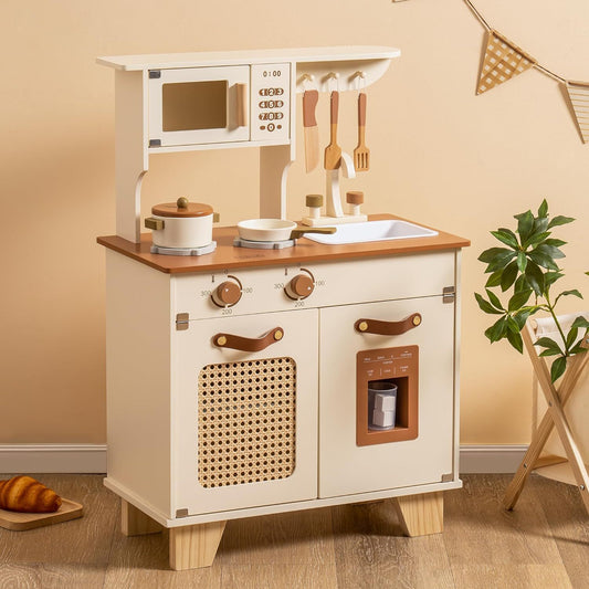 Wooden Play Kitchen With Pretend Ice Cube Dispenser