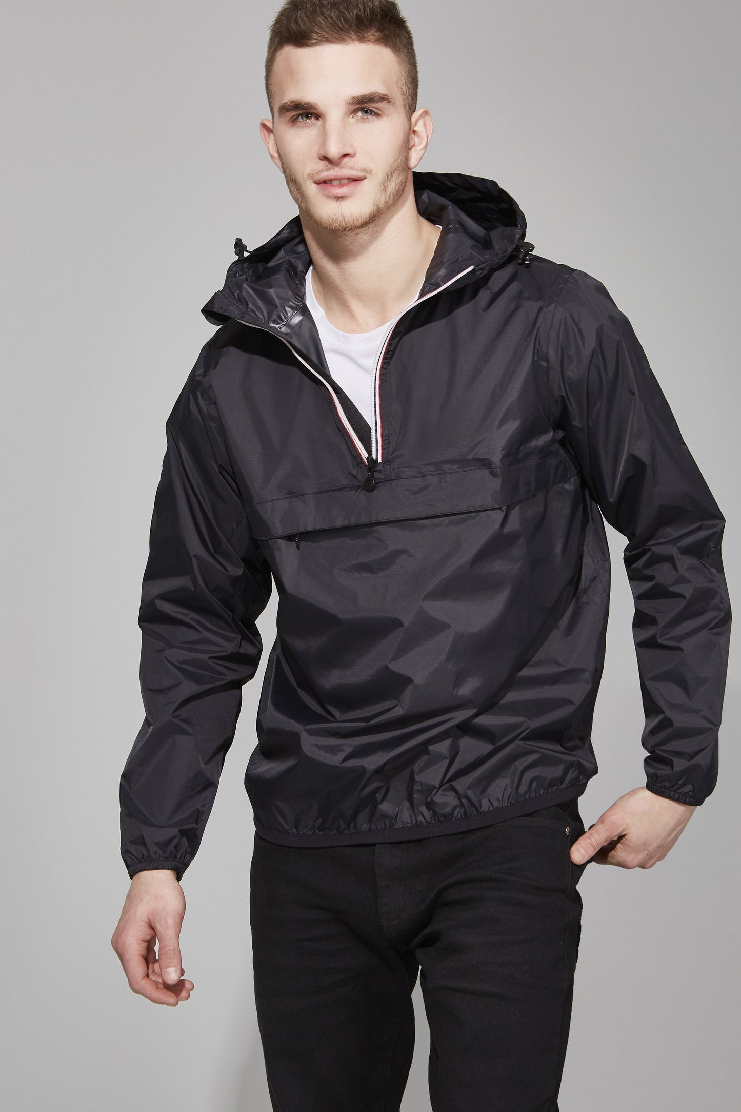 Quarter zip packable light rain jacket and windbreaker in black