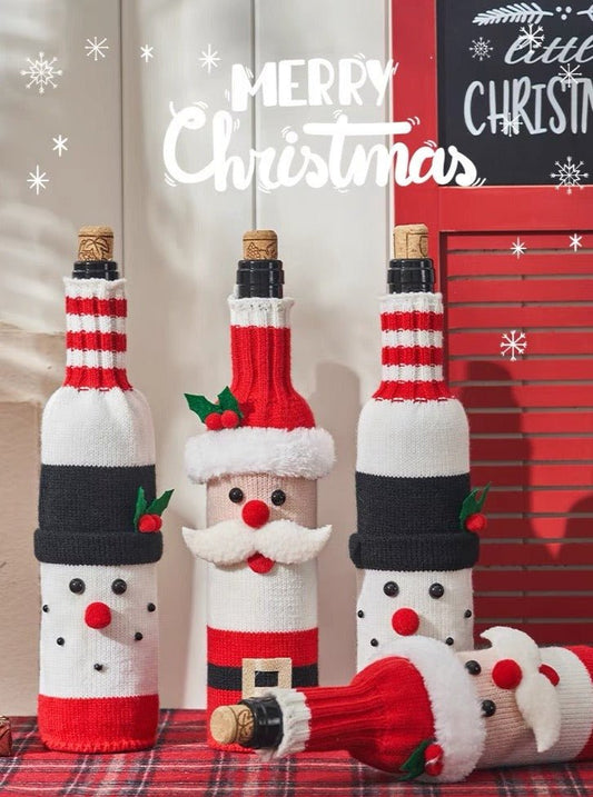 Cute Knitted Christmas Wine Bottle Cover Sleeves Set of 3 Pcs