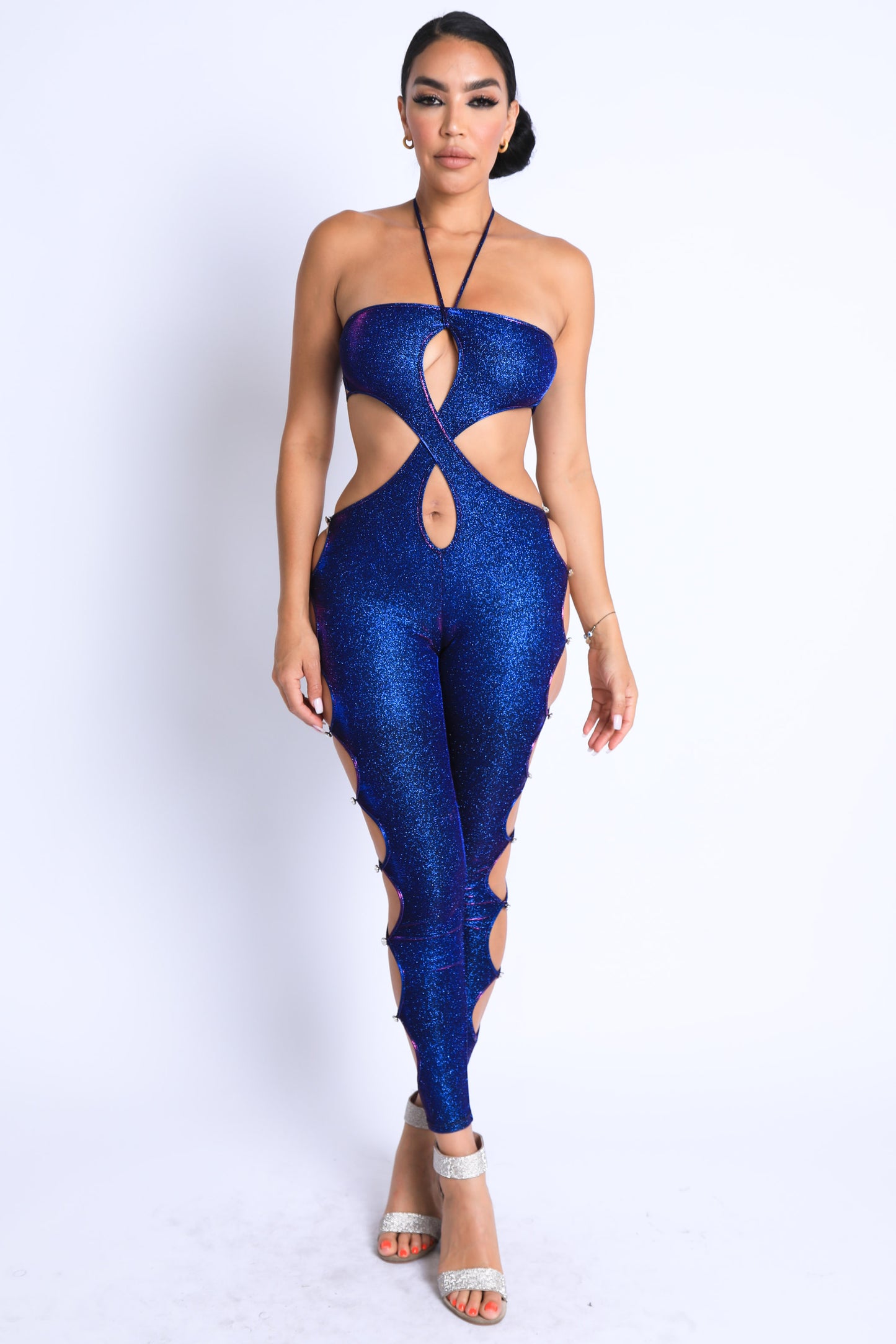 Glittery Cutout Halter Neck Keyhole Sexy Party Jumpsuit