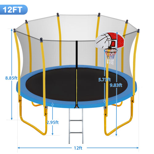 12FT Trampoline for Kids with Safety Enclosure Net & Basketball Hoop