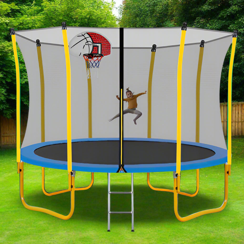 12FT Trampoline for Kids with Safety Enclosure Net & Basketball Hoop