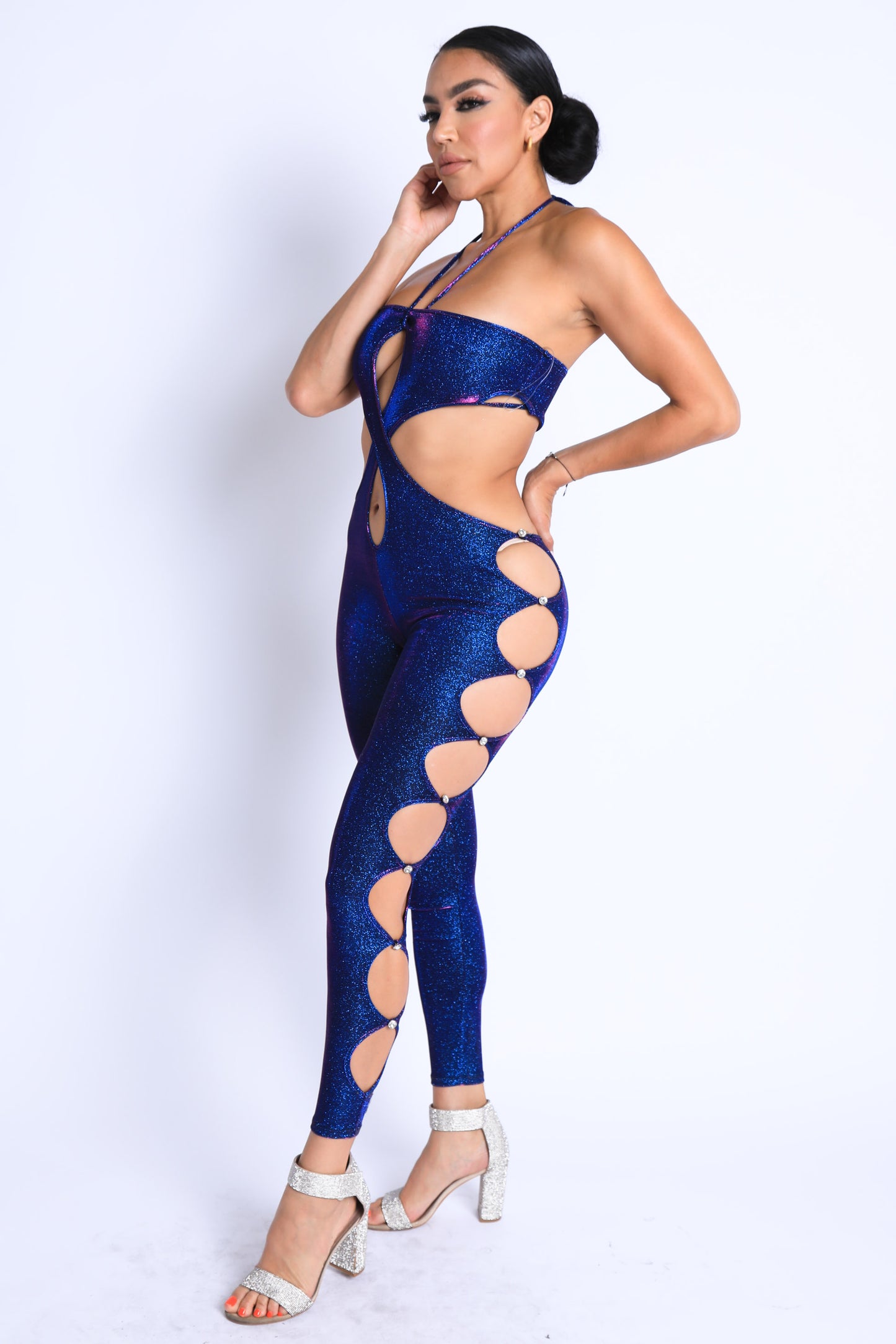 Glittery Cutout Halter Neck Keyhole Sexy Party Jumpsuit