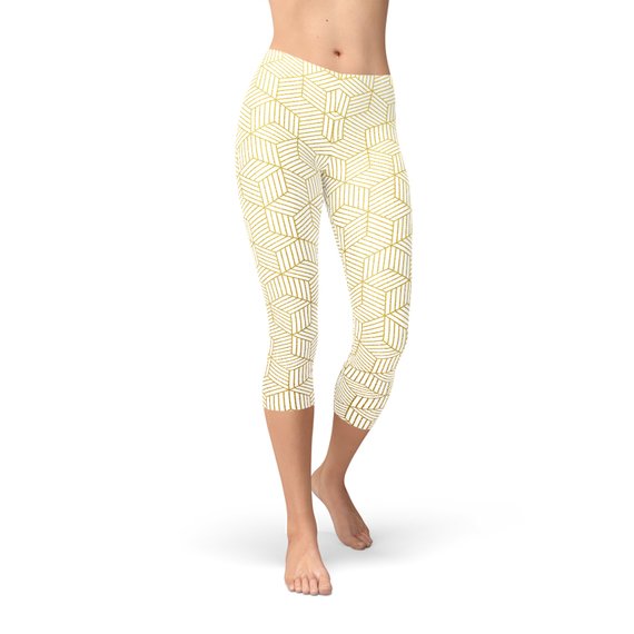 Women White Capri Leggings with Geometric Cubes