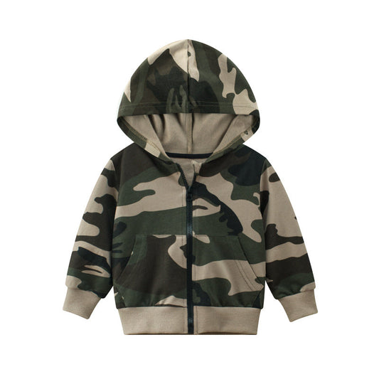 Baby Boy Camouflage Pattern Zipper Front Coat With Hat