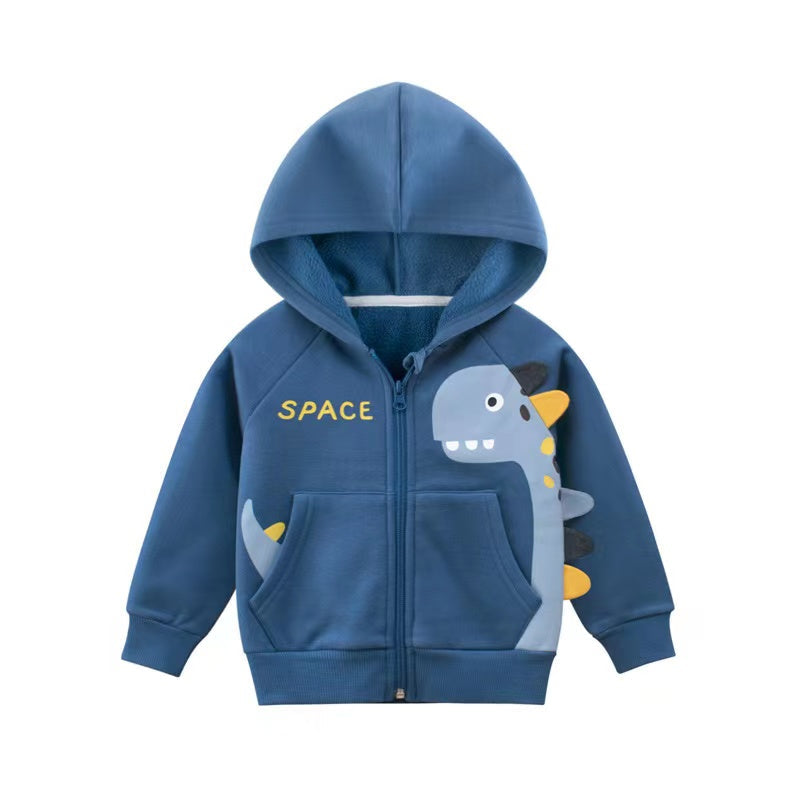 Graphic Zipper Front Fleece Coat With Hat