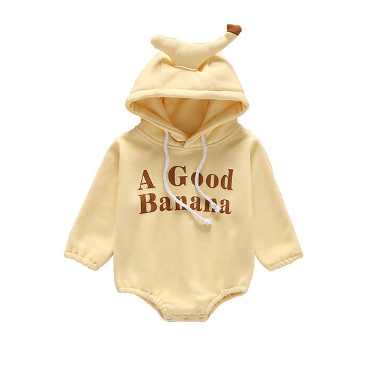 Baby Slogan Print Pattern 3D Banana Patched Hat Long Sleeved Bodysuit