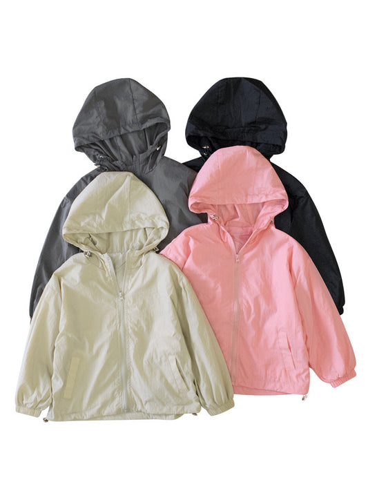 Kids Unisex Solid Color Hooded Zip-up Coat